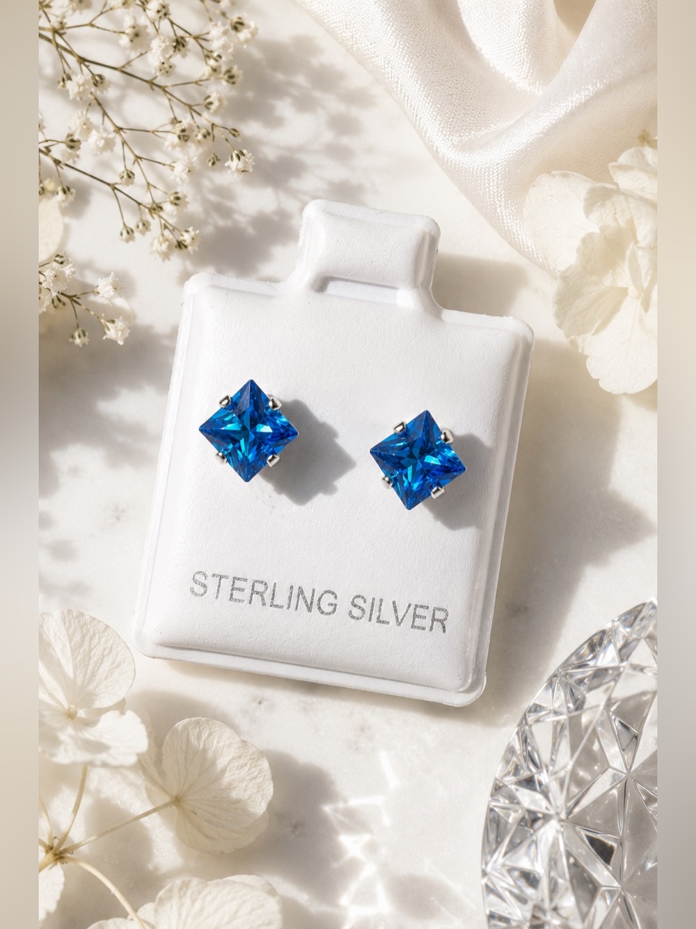 NWT Sterling Silver Blue CZ Princess Cut Stud Earrings 925 6-7 mm